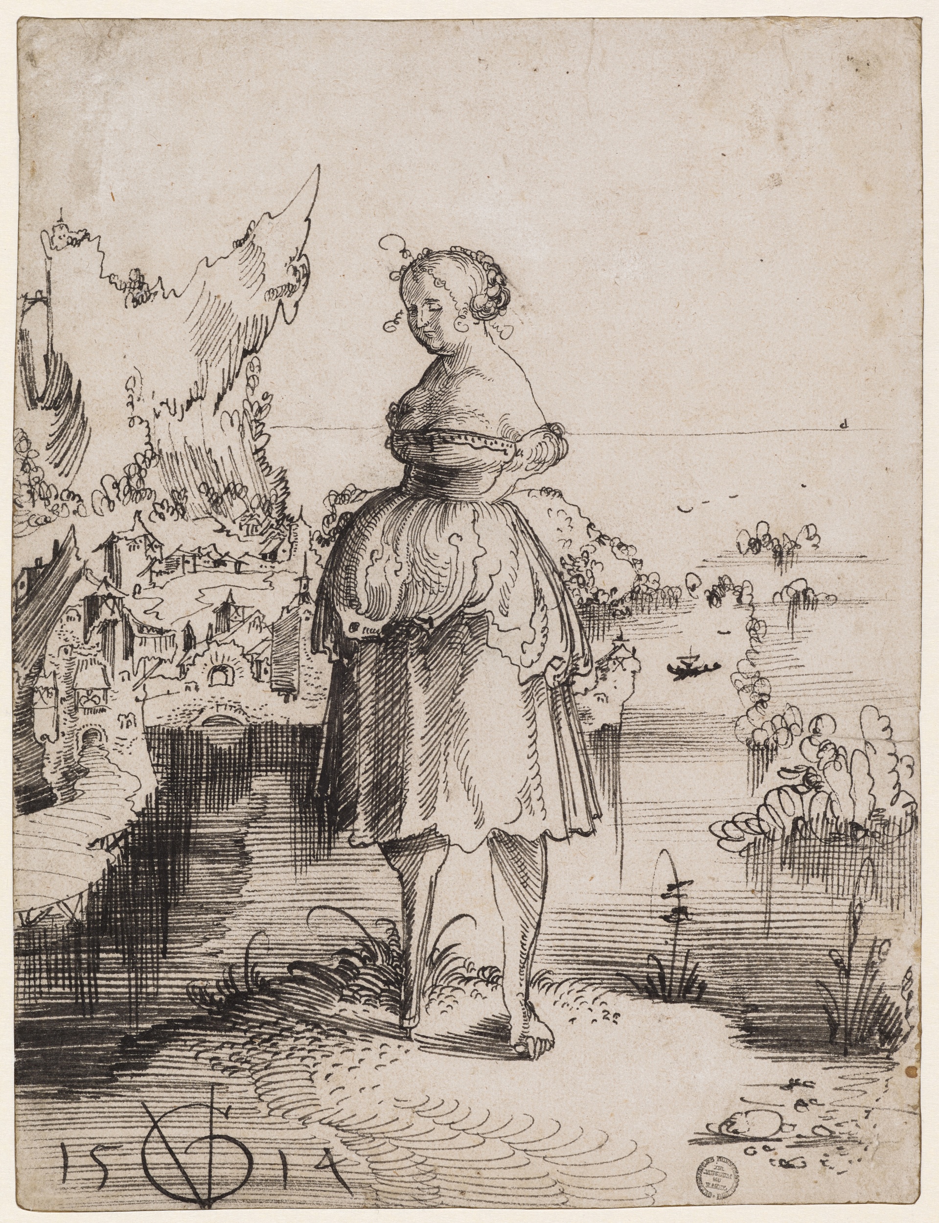 Urs Graf, Armlose Dirne mit Stelzbein, 1514, Kunstmuseum Basel, Kupferstichkabinett,