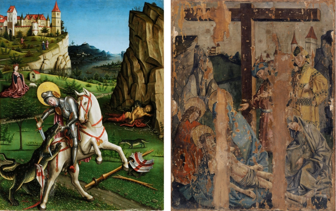 Meister von Sierentz, Der Drachenkampf des hl. Georg (Innenseite); Die Beweinung Christi unter dem Kreuz (Aussenseite), Rechter Flügel eines Retabels, um 1445–1450, Kunstmuseum Basel, mit Mitteln der Felix Sarasin-Stiftung erworben, Foto: Martin P. Bühler
